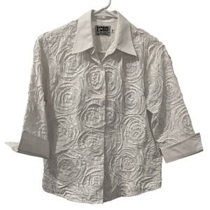 Pong Poco Ltd Button Up Top Womans Small Floral White 3/4 Sleeve Collared Cotton